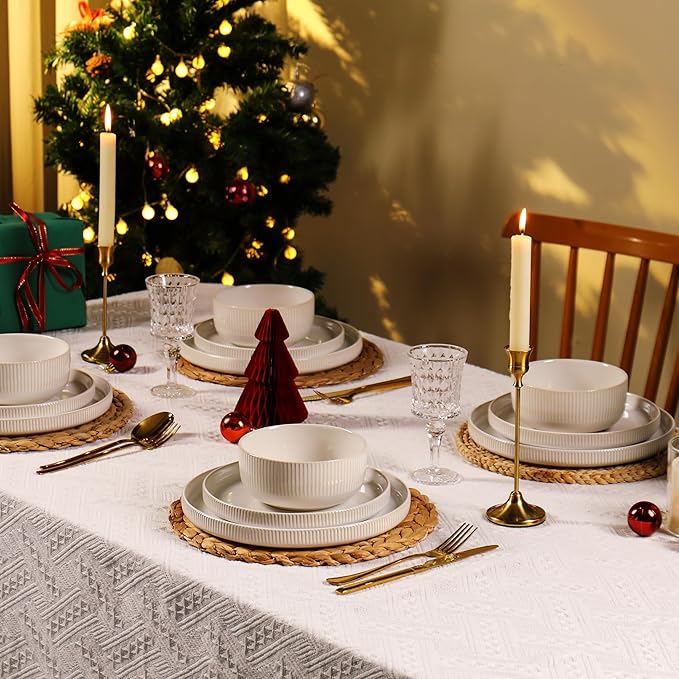 Frewinky Ceramic Dinnerware Sets for 4, Round Reactive Glaze Porcelain Plates and Bowls Sets, Scratch Resistant Modern Dishes Set, Dishwasher & Microwave Safe, Service for 4-White
