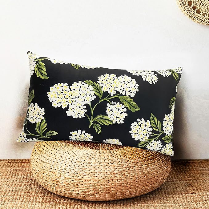 Decorative Throw Pillow Covers Set of 2 Black Hydrangea Pillow Covers 12x20 inch Super Soft Short Plush Square Floral Throw Pillows,Farmhouse Outdoor Pillow Covers for Couch Living Room