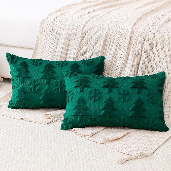 OTOSTAR Set of 2 Xmas Soft Plush Short Wool Velvet Decorative Throw Pillow Covers Rectangular Luxury Style Cushion Case Pillow Shell for Sofa Bedroom Tree and Snowflake Green, 12x20 Inch