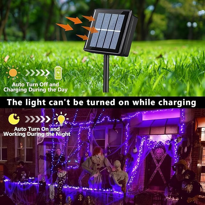 QITONG 4 Pack Purple Solar Fairy Lights, Each 33ft 100 LED Halloween Lights Outdoor Waterproof, 8 Modes Copper Wire Mini String Lights