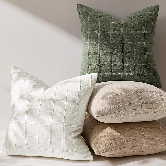 Woaboy Linen Check Throw Pillow Covers Set of 2 - Light Olive Green Farmhouse Modern Boho Vintage Christmas Decorative Cushion Covers for Sofa Couch Bedroom Living Room Decor 22x22 Inch