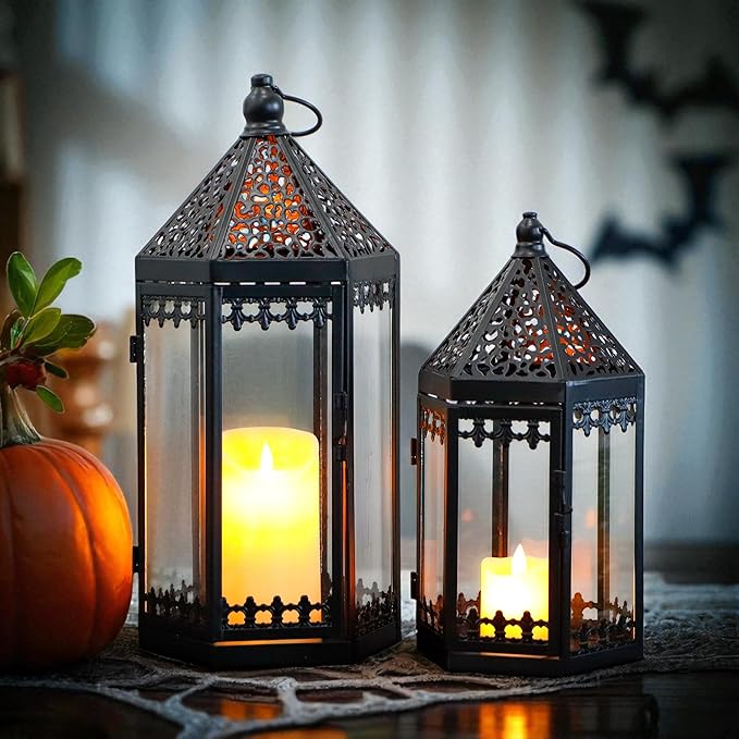 TRIROCKS Set of 2 Deacorative Candle Lantern 16'' & 12'' High Metal Candle Holder Hanging Lanterns with Tempered Glass for Halloween Christmas Indoor Outdoor Home Decor Parties Garden Events (Black)