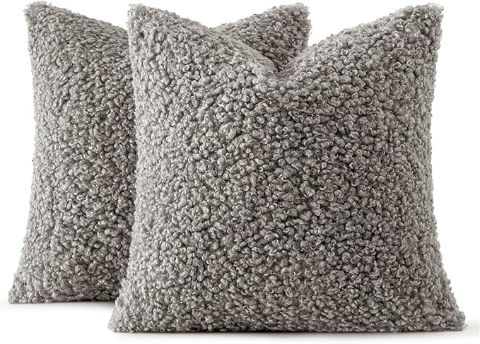 MIULEE Pack of 2 Throw Pillow Covers 18x18 Inch Neutral Gray Faux Fur Decorative Sherpa Pillow Covers Fuzzy Accent Soft Sheepskin Fleece Cushion Cases for Boho Home Decor Couch Living Room Bed