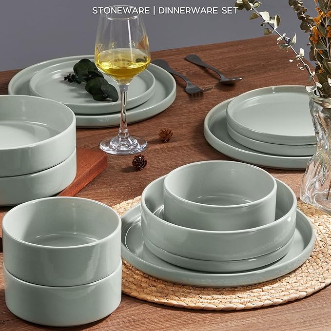 Onader Stoneware Dinnerware Sets, 8 Piece Plates and Bowls Dishes Sets for 2, Speckled Kitchen Dishware Dining Ware with Double Bowl – Pale Sage Green