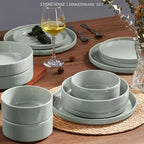 Onader Speckled Dinnerware Set for 4 with Pasta Bowl, 16 Piece Stoneware Plates and Bowls Dishes Set, Microwave & Dishwasher Safe – Pale Sage Green