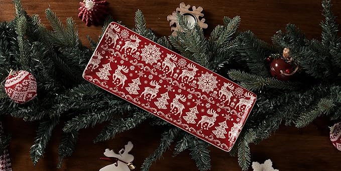 Bico Holly Jolly Ceramic 14 inch Rectangular Serving Platter, Set of 2, for Serving Salad, Pasta, Cheese, Ham, Appetizer, Microwave & Dishwasher Safe
