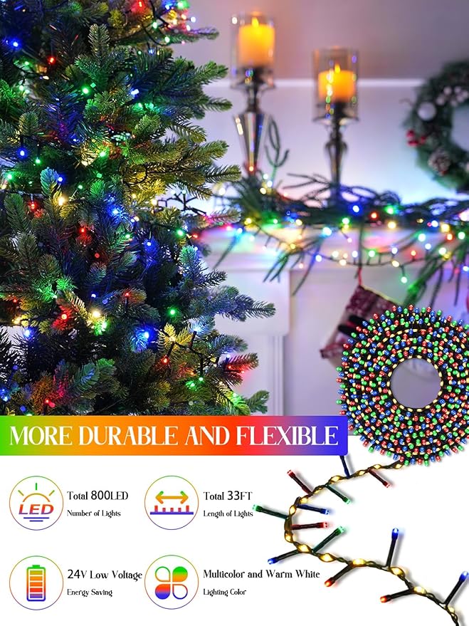 800 LED Christmas Slow Twinkle Cluster Lights, Firecracker Fairy Lights Plug in with 15 Modes & Timer Function, 33FT Waterproof String Lights for Indoor Outdoor Tree Christmas Decorations, Multicolor