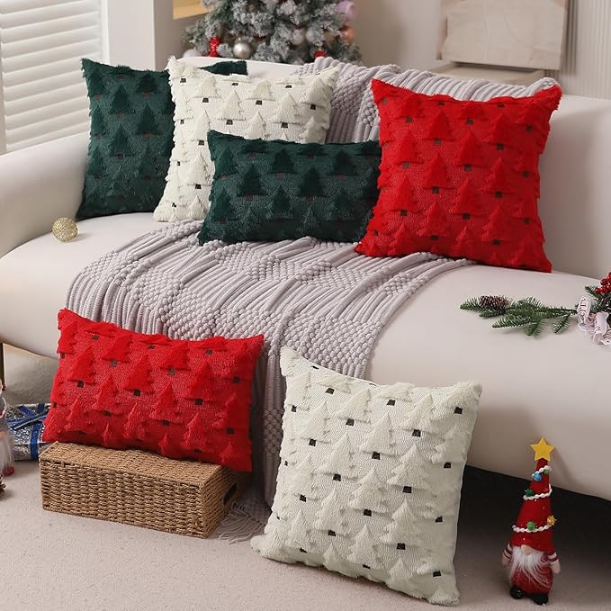 Christmas Pillow Covers 18x18 inch Set of 2 Christmas Decorations Soft Plush Faux Fur Wool Cream White Xmas Tree Throw Pillow Cases Winter Holiday Decor for Sofa Living Room PT-002D18