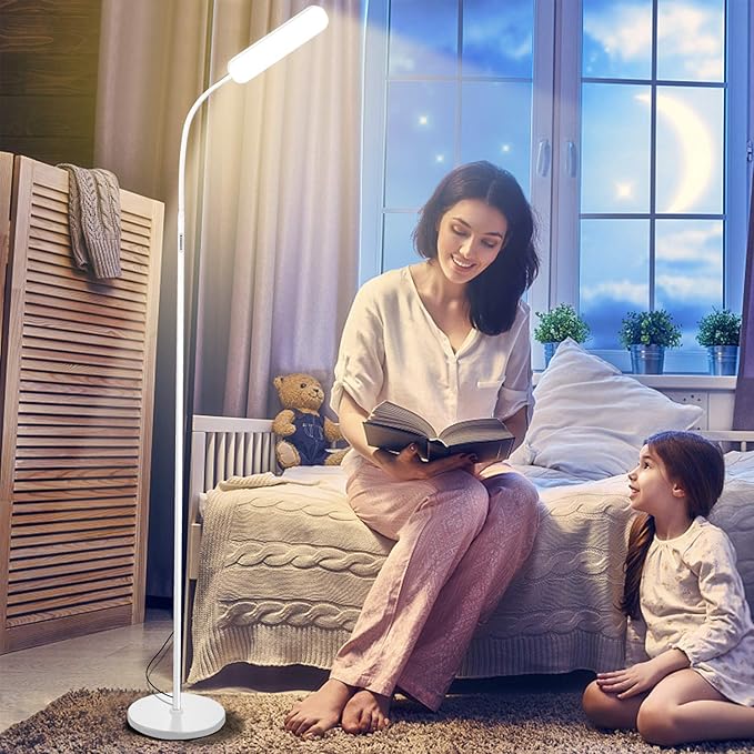 Floor Lamps, 15w/1000lm Bright LED Floor Lamp with Stepless Adjustable 3000K-6000K Colors and Dimmer, Remote and Touch Control Reading Lamp, Adjustable Gooseneck Floor Lamp for Living Room