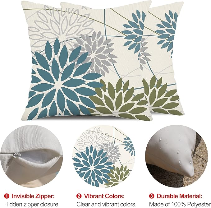 Blue Army Green Outdoor Pillow Covers Set of 2 18X18 Inch Teal Floral Elegant Polyester Flower Pillow Case Outdoor Waterproof Decor for Patio Funiture Garden Linen Cushion Covers 01C18