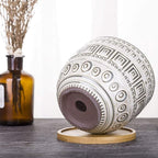VanEnjoy 5.5 inch Large Round Bohemian Style Ceramic Planter, Geometry Engrave Off White Brown Succulent Planter Flower Pot, Indoor Outdoor Decorative Planter