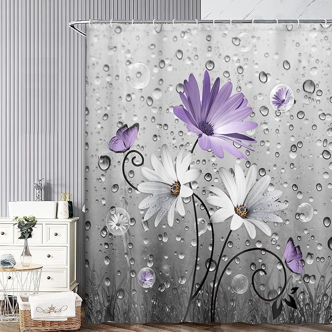 Rustic Farmhouse Purple Floral Shower Curtain, Farm Daisy Flowers and Butterfly Shower Curtain for Bathroom, Country Violet Gray Fabric Boho Shower Curtain Set with 12PCS Hooks, 60X70IN