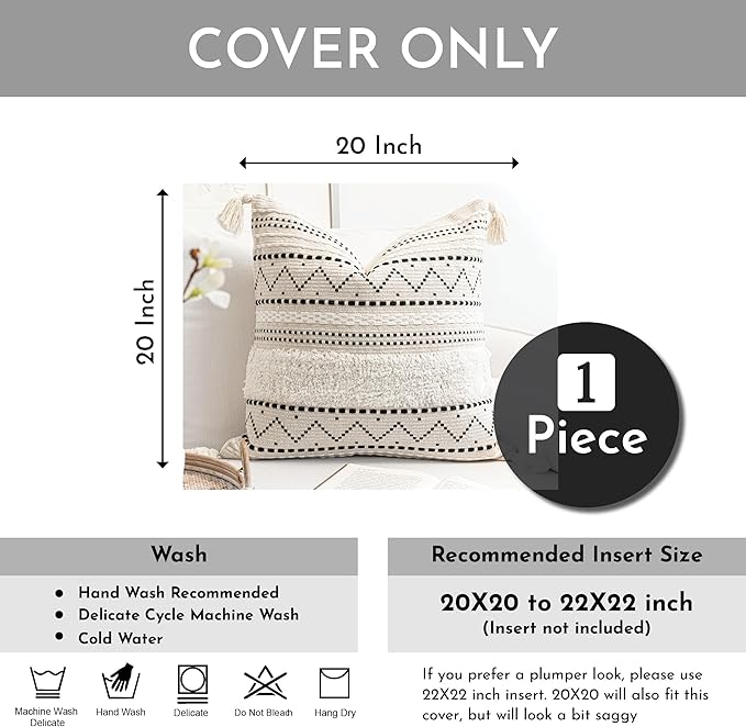 BlissBlush Decorative Throw Pillow Cover 20x20 Square Boho Black Neutral White Accent Pillowcase Tassels Farmhouse Cushion for Couch Sofa Bedroom Living Room Home Décor (Cover ONLY, Pack of 1)