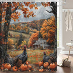 Fall Shower Curtains for Bathroom, Autumn Rustic Farmhouse Turkey Vintage Pumpkin Harvest Thanksgiving Day Fabric Shower Curtain Set, 72X72 Inch