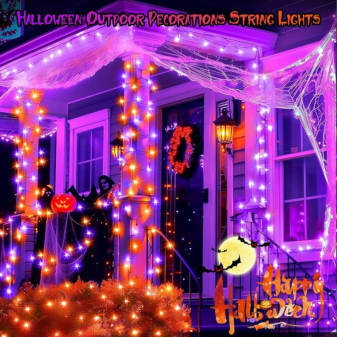 Extra Long 132ft Halloween Decorative Mini Lights, 400 LED Black Wire Fairy String Lights Plug in, Timer & Memory & 8 Modes, for Indoor Outdoor Xmas Tree Wedding Party Decoration,Purple and Orange