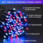 JMEXSUSS 200 LED 66ft Red White and Blue Lights Outdoor, Expandable Waterproof 4th of July Lights, 8 Modes Patriotic String Lights Plug in for 4th of July Tree Independence Day Indoor Decorations