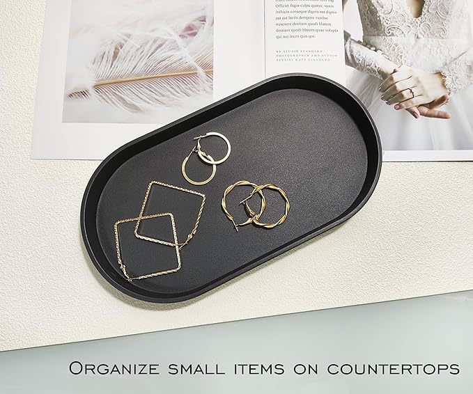 Black Small Tray (10 inch), Oval Tray for Kitchen Counter, Bathtub Bathroom Vanity Items, Countertop Organizer, Coffee Accessory, Bar, Serving Seasoning, Salt and Pepper, Soap, Perfume.