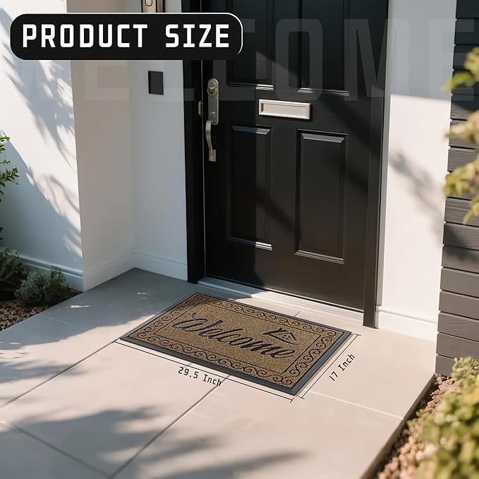Yimobra Welcome Front Door Mat, Heavy Duty Easy Clean Doormat Indoor Outdoor, Waterproof Quick Dry Floor Mat for Home, Garage, Hign Traffic Areas, Non Slip, Low Profile, 29.5X17 Inches, Beige Brown