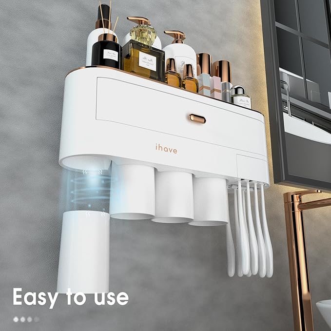iHave Toothbrush Holders for Bathrooms, 4 Cups Toothbrush Holder Wall Mounted with Large Capacity Drawer and Tray - Bathroom Storage & Bathroom Organizer