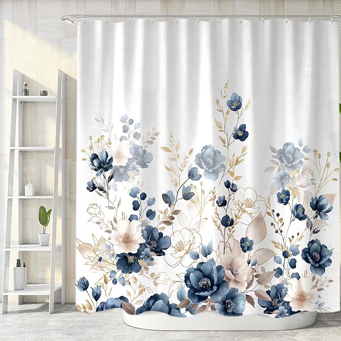 Sanzugh Navy Blue and Gold Flower Extra Long Shower Curtain, Boho Watercolor Floral Leaves Cute Fabric Shower Curtains Set for Bathroom Decorative with Hooks 72 X 96 inch Beautiful Bath Decor