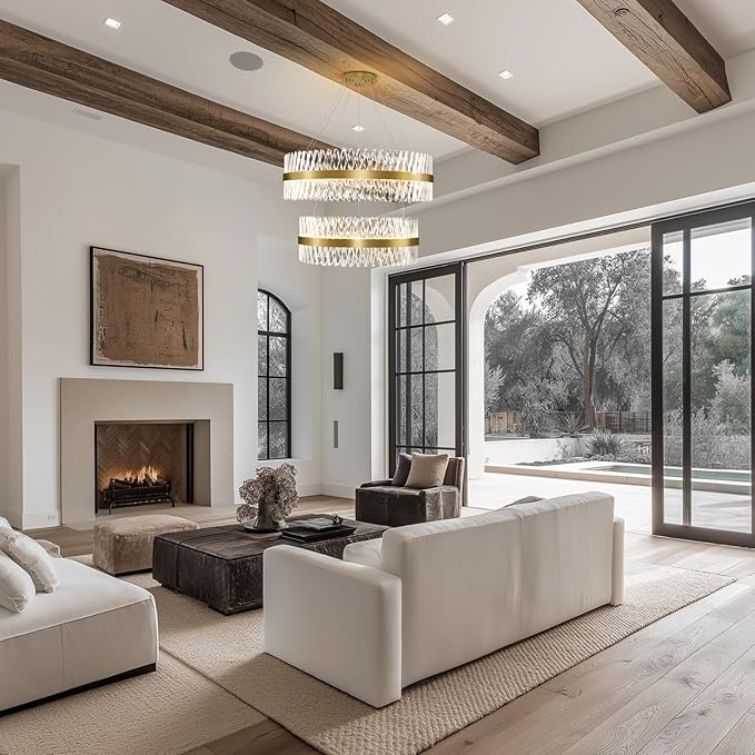Modern Crystal Chandeliers, Double Tier 32"+24" Large High Ceiling Chandelier. Elegant Crystal Chandelier Hangs from The Ceiling of The Living Room, Stairwell, and Foyer.