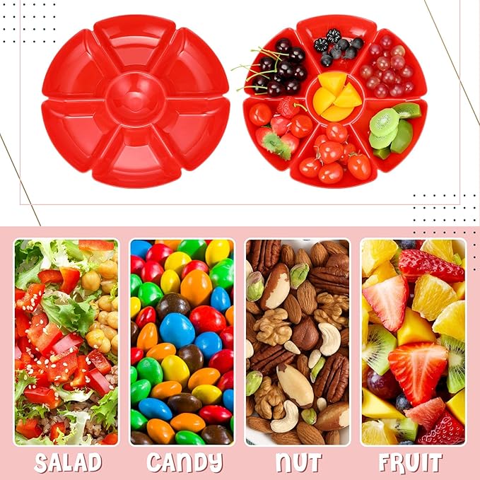 Zhehao 6 Pcs Plastic Divided Serving Trays with 60 Pcs Disposable Fork, 7 Compartments Round Chip Dip Plate, Petal Shape Platter, 10.6'' Snacks Serving Dish for Party Candy Nuts Fruits (Red)