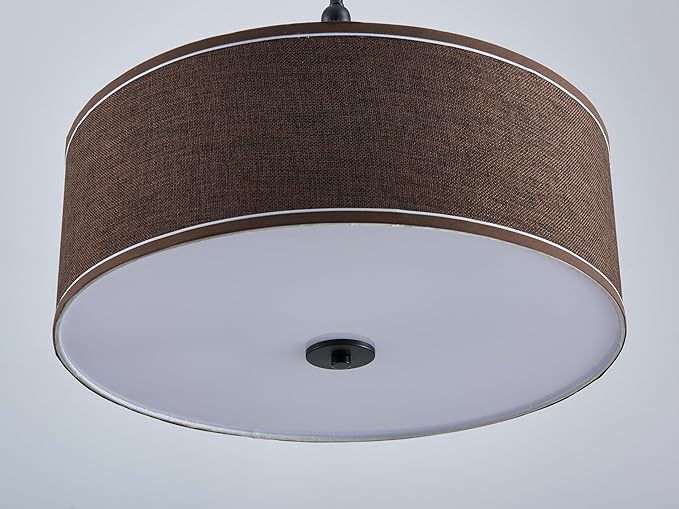 Shrine Lighting Drum Chandeliers, Farmhouse Style, Perfect Drum Pendant Light for Dining Room, D21'' x H8'', Adjustable Chains 59'', E26*3 Sockets, Brown Linen Fabric Lampshade & Black Rod
