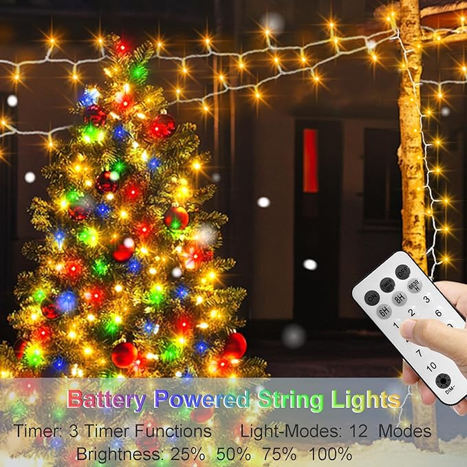 66Ft 200 LED String Lights Battery Operated, 12 Modes Christmas String Lights with Remote Timer Fairy Twinkle Lights for Indoor Outdoor Wedding Party Tree Decor(Multicolor)