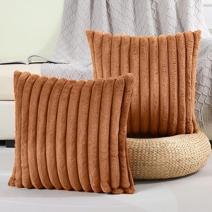 FUTEI Brown Striped Decorative Throw Pillow Covers 16x16 Inch Set of 2,Square Winter Decorations Couch Pillow Case,Soft Cozy Faux Rabbit Fur & Velvet Back,Modern Home Decor for Bed
