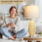 27" Beige Boho Rattan Lamps Set of 2, Coastal Natural Bedroom Table Lamps with Night Light, Woven Wicker Bedside Nightstand Lamp with USB A+C Charging Port, Farmhouse Lamp for Living Room