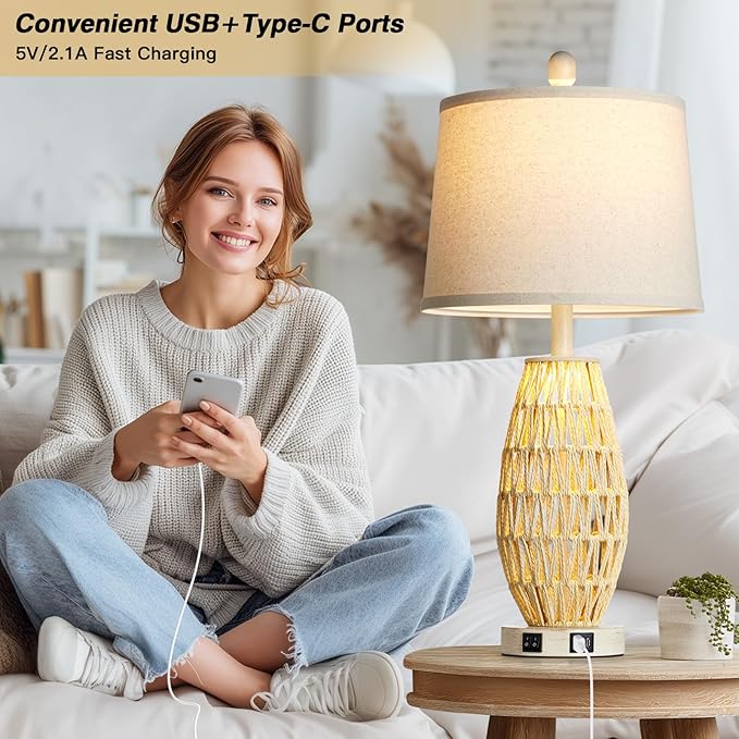 27" Beige Boho Rattan Lamps Set of 2, Coastal Natural Bedroom Table Lamps with Night Light, Woven Wicker Bedside Nightstand Lamp with USB A+C Charging Port, Farmhouse Lamp for Living Room