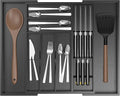 Bamboo Kitchen Drawer Organizer, Expandable Utensil Organizer with Removable Knife Block, Cutlery Tray Holder with Divider, Adjustable Silverware Organizer, Black