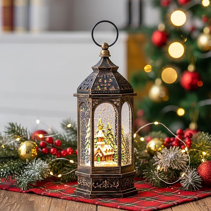 Christmas Snow Globe Lantern Lighted Holiday Village Church with Music& Timer, USB Lined/Battery Operated Lighted Lantern for Christmas Festival Decoration Gifts