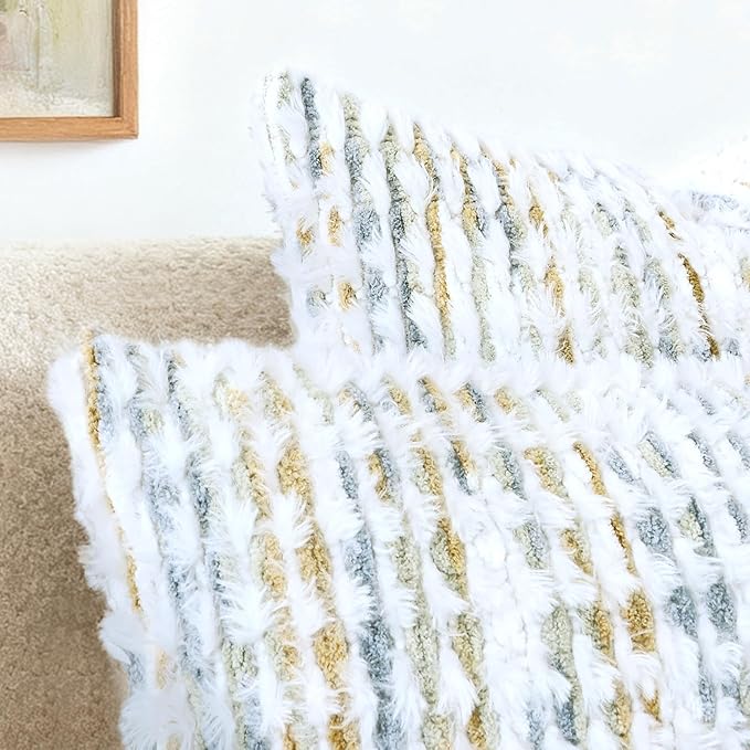 Boho Chenille Tufted Pillow Cover 14x36 Inch Set of 1, Farmhouse Striped Decorative Pillow Covers Accent Fluffy Neutral Long Body Bolster Pillow for Couch Sofa Bedroom Living Room, Gray Khaki