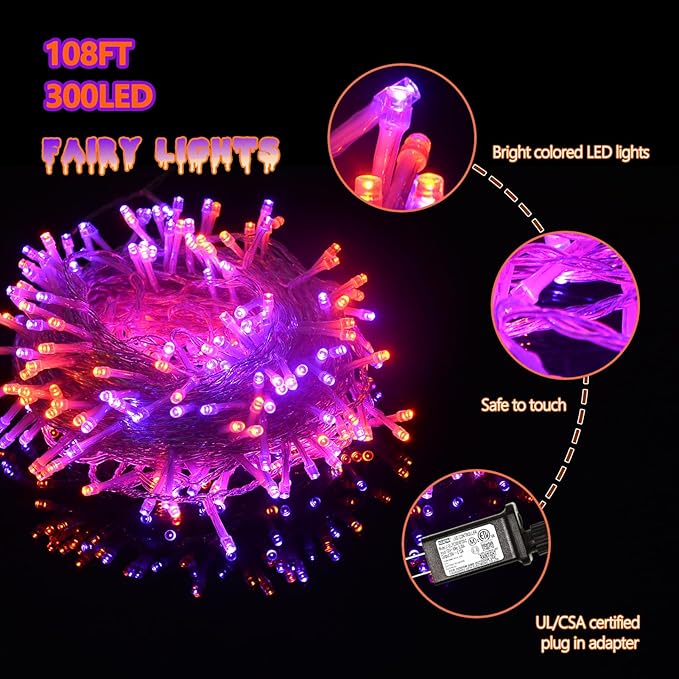ILLUMINEW Halloween Decorations 300 LED String Lights Plug-in, 8 Modes 108ft Orange Purple Halloween Fairy Lights for Party Bedroom Indoor Outdoor Decor
