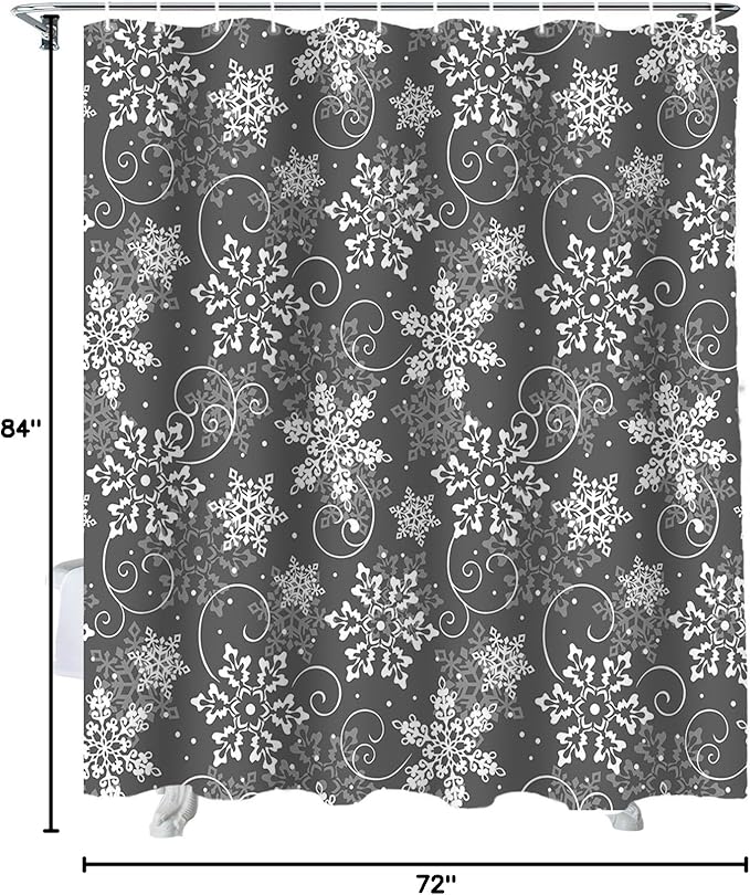 Vandarllin Christmas Shower Curtain, Grey White Snowflakes Pattern Shower Curtains Set with Hooks, Winter Waterproof Fabric Bathroom Curtains Decor Home Accessories,72 X 84 Inch Extra Long