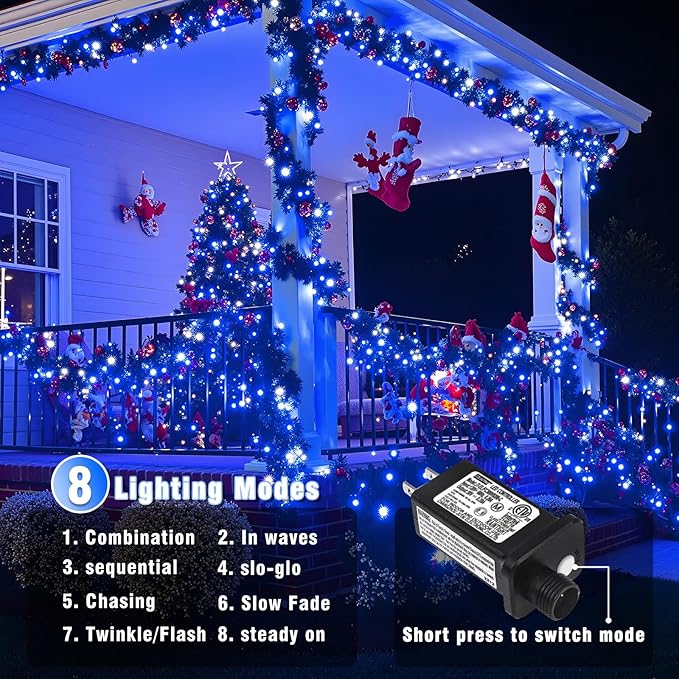 800 LED Christmas Lights Outdoor Indoor, String Lights for Outside with 8 Modes Waterproof, Plug in Twinkle Light Clear Wire for Xmas Tree, Patio, Garden, Party Decorations, Blue