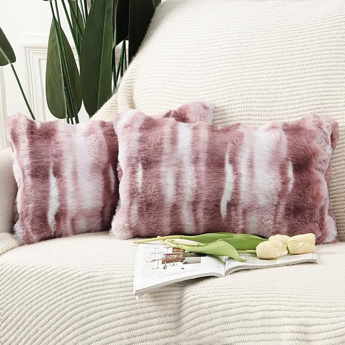 MADIZZ Pack of 2 Thick Plush Wool Throw Pillow Covers 12x20 Inch Pink Soft Neutral Decorative Throw Pillows Accent Boho Cushion Covers for Couch Sofa Bedroom Pillow Shell