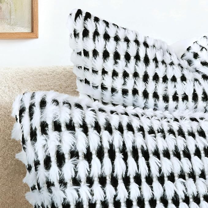 Boho Chenille Tufted Pillow Cover 14x36 Inch Set of 1, Farmhouse Striped Decorative Pillow Covers Accent Fluffy Neutral Long Body Bolster Pillow for Couch Sofa Bedroom Living Room, Black White