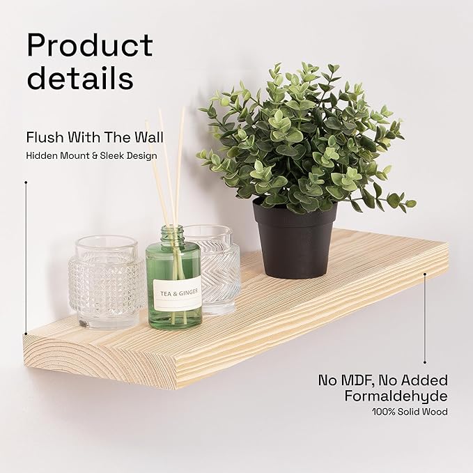 BAOBAB WORKSHOP Solid Wood Floating Shelves for Wall 20 Inch Wide, Wooden Shelf for Bathroom, Light Oak Floating Shelves for Room Wall Mounted Kitchen Farmhouse, Natural Wood, 20W × 6.7D, Set of 2