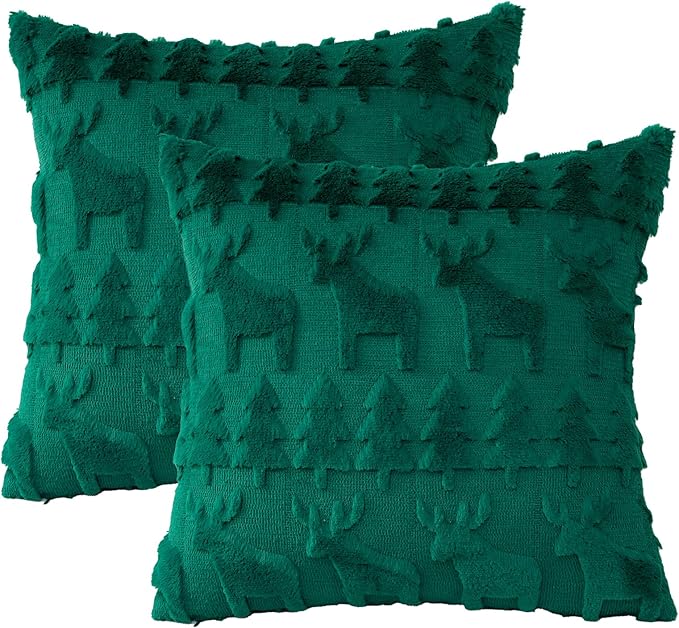 OTOSTAR Set of 2 Xmas Soft Plush Short Wool Velvet Decorative Throw Pillow Covers Square Luxury Style Cushion Case Pillow Shell for Sofa Bedroom Christmas Tree and Elk Green, 18x18 Inch