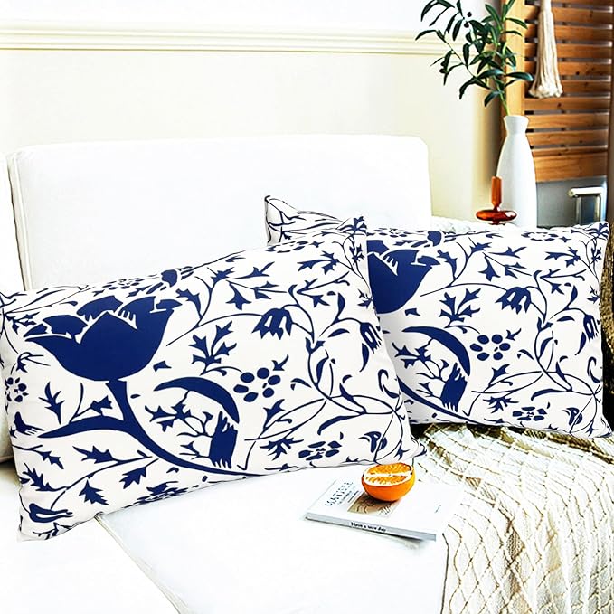 Decorative Throw Pillow Covers Set of 2 Blue Pillow Covers 12x20 inch Short Plush Couch Pillow Cases Floral Throw Pillows,Farmhouse Outdoor Pillow Covers for Sofa Living Room Cushion Covers