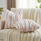 FUTEI Pink Decorative Throw Pillow Covers 22x22 Inch Set of 2, Soft Tie-Dye Faux Rabbit Fur Striped Texture Cushion Case, Modern Home Decor for Couch Bed Living Room