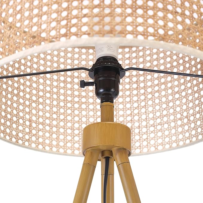 GLOBE Electric 65914 60" Floor Lamp, Faux Wood Tripod Base, Rattan Shade, On/Off Rotary Switch on Socket