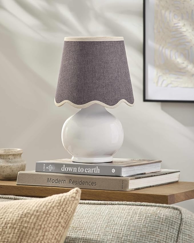 BoutiqueRugs Navarro Boho Ceramic Bedside Table Lamp for Bedroom Nightstand and Living Room - Shade Cotton - White, Gray - 13" H
