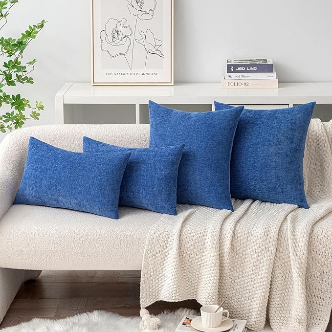 MIULEE Pack of 2 Couch Throw Pillow Covers 12x20 Inch Soft Royal Blue Chenille Pillow Covers for Sofa Living Room Solid Dyed Pillow Cases