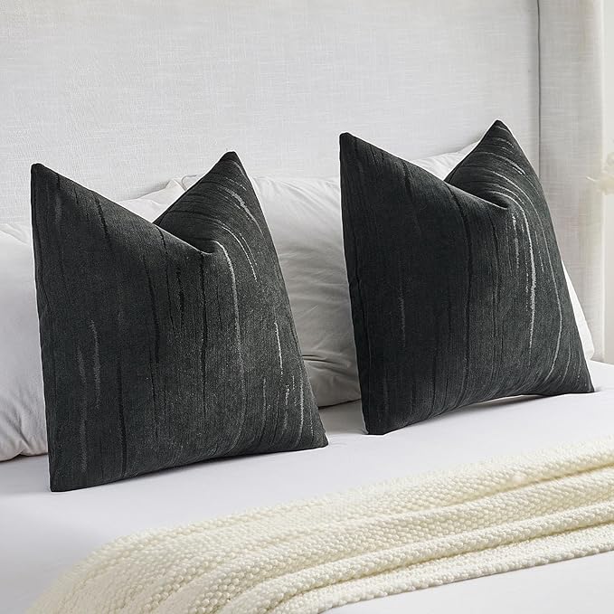 FUTEI Black Chenille Decorative Throw Pillow Covers 20x20 Inch Set of 2,Soft Embossed Striped Textured Cushion Case,Modern Home Decor for Couch Bed Living Room