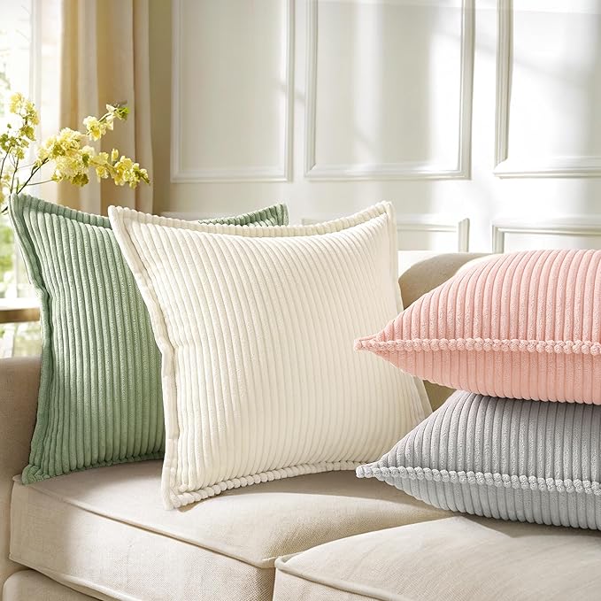 decorUhome Corduroy Sage Green Throw Pillow Covers 12x20 Set of 2 Decorative Soft Boho Farmhouse Lumbar Euro Couch Pillow Covers for Living Room Bed Sofa Broadside Striped Pillow Cases