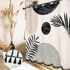 Boho Mid Century Leaf Shower Curtain Set,Arch Sun Design,Minimalistic Leaves Pattern,Waterproof and Luxurious Fabric-12 Hooks(Black and White-72" x 78")