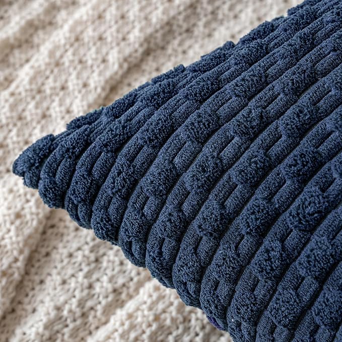 MIULEE Pack of 2 Decorative Throw Pillow Covers 18x18 Inch Soft Boho Striped Textured Corduroy Pillow Covers Modern Farmhouse Home Decor for Couch Bed Sofa Living Room Navy Blue